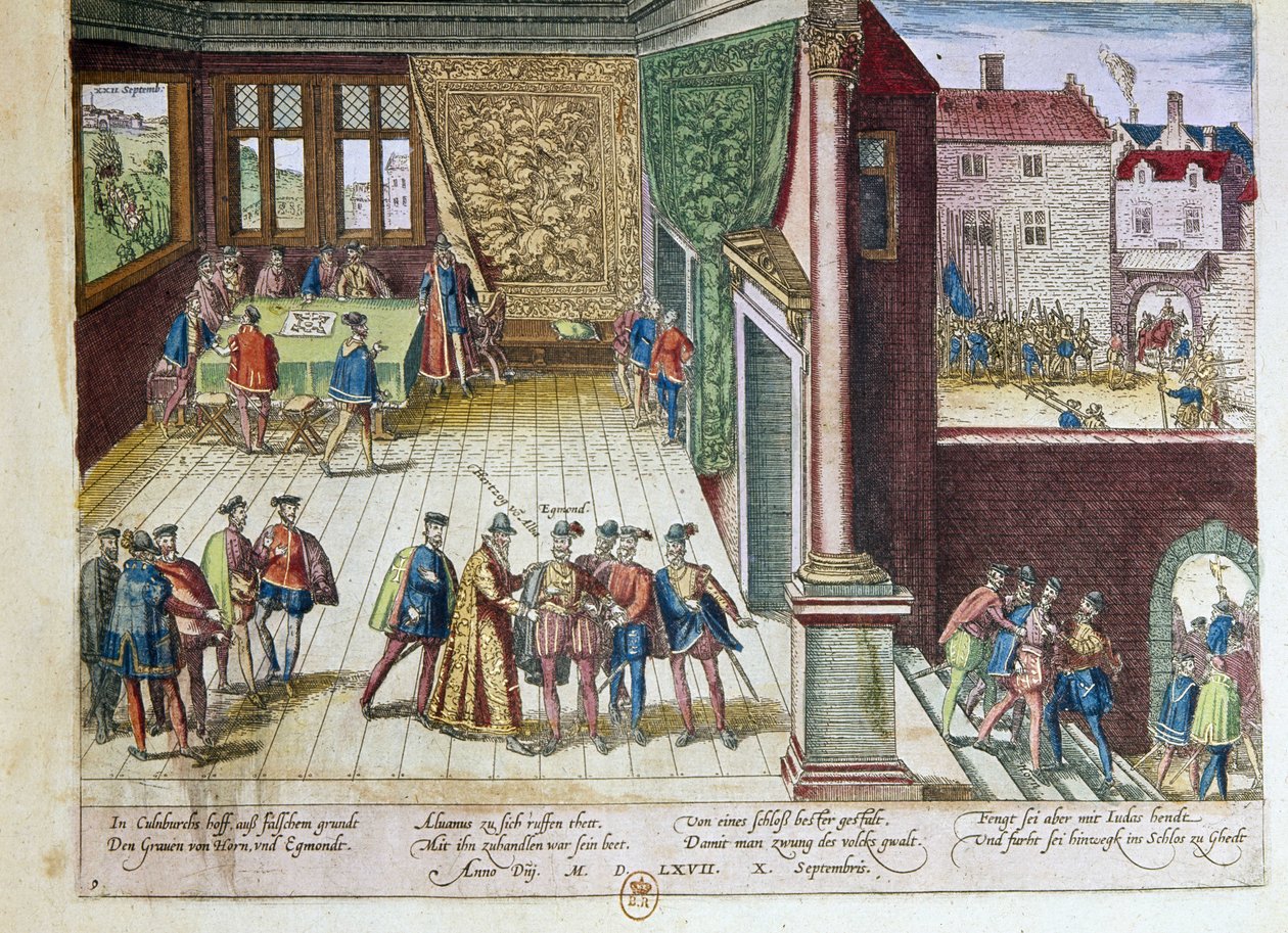 Arresto di Lamoral, conte di Egmont (1522-1568) e di Philippe de Montmorency (1524-1568), conte di Hornes (Hoorn) per la loro presa di posizione contro il re Filippo II di Spagna (1527-1598). Saranno giustiziati nel 1568 da Franz Hogenberg