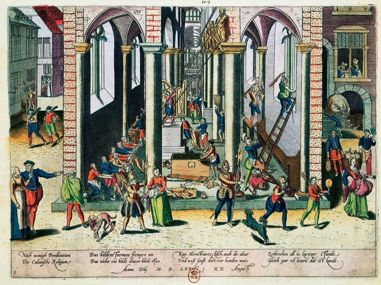 Distruzione di reliquie e statue nelle chiese, aprile 1566 da Franz Hogenberg