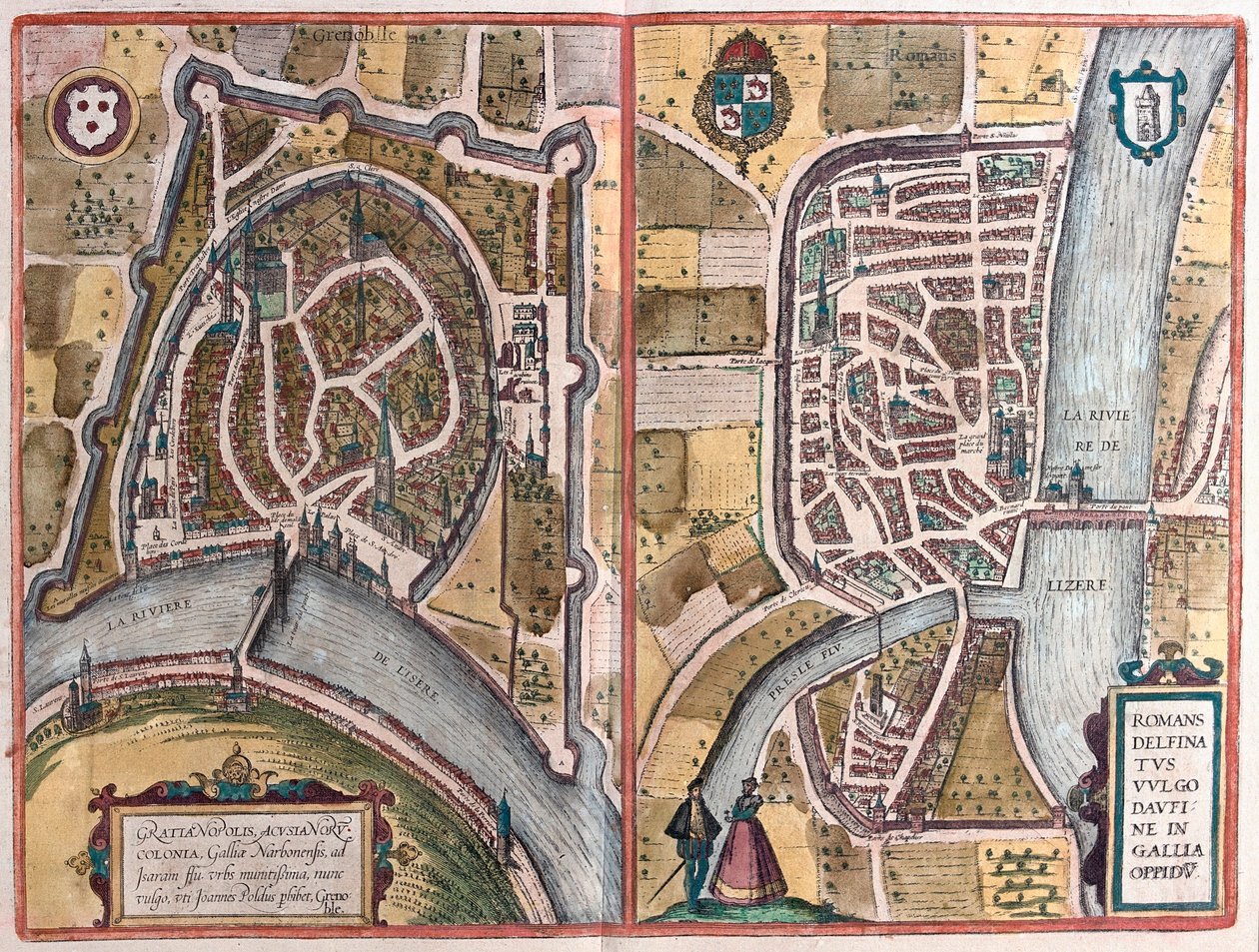 Grenoble e Romans sur Isère, Francia (incisione) da Franz Hogenberg
