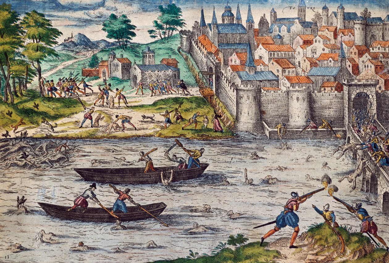 Massacri di Tours, luglio 1562 durante le guerre di religione contro gli ugonotti, incisione di Franz Hogenberg, Francia da Franz Hogenberg