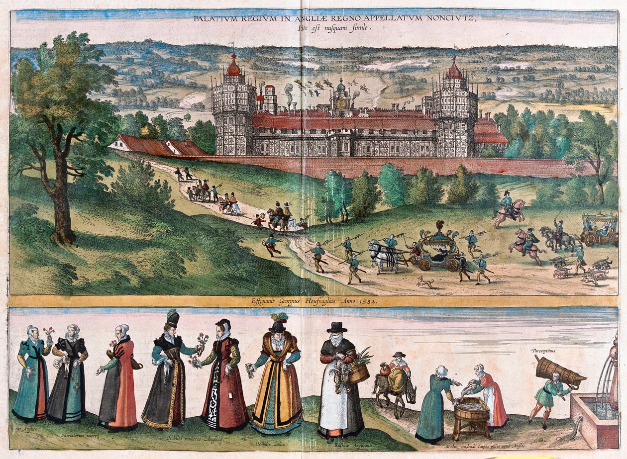 Palazzo di Sans-Elike, Surrey, Inghilterra (incisione) da Franz Hogenberg