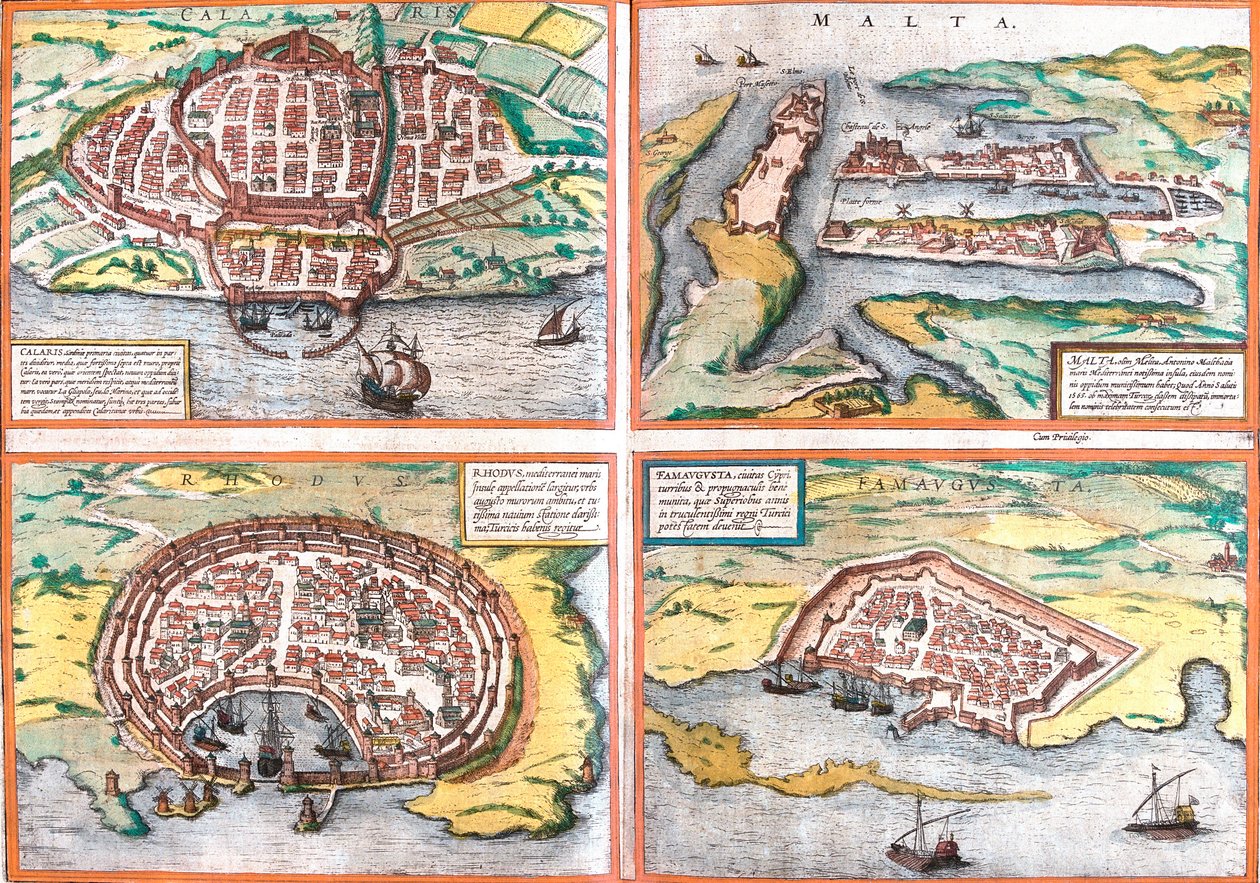 Piano di Cagliari (Calaris), Sardegna (Italia), Malta (Malta), Rodi (Rhodus) e Famagosta (Famaugusta), Cipro (Incisione) da Franz Hogenberg