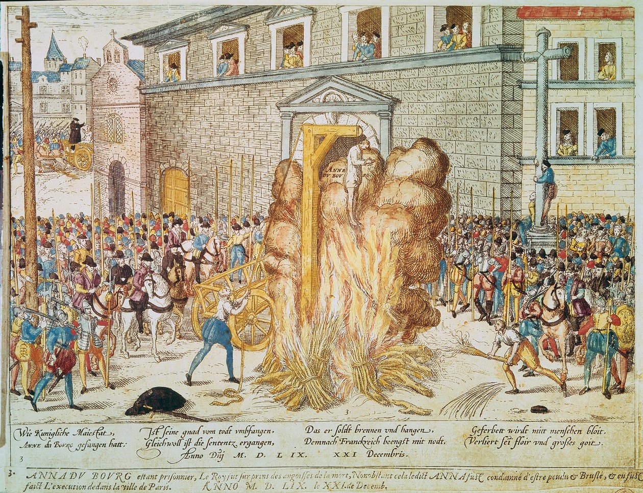 Guerra religiosa: esecuzione del magistrato protestante francese Anne du Bourg (1521-1559) il 23/12/1559 in Place de Greve a Parigi da Franz Hogenberg