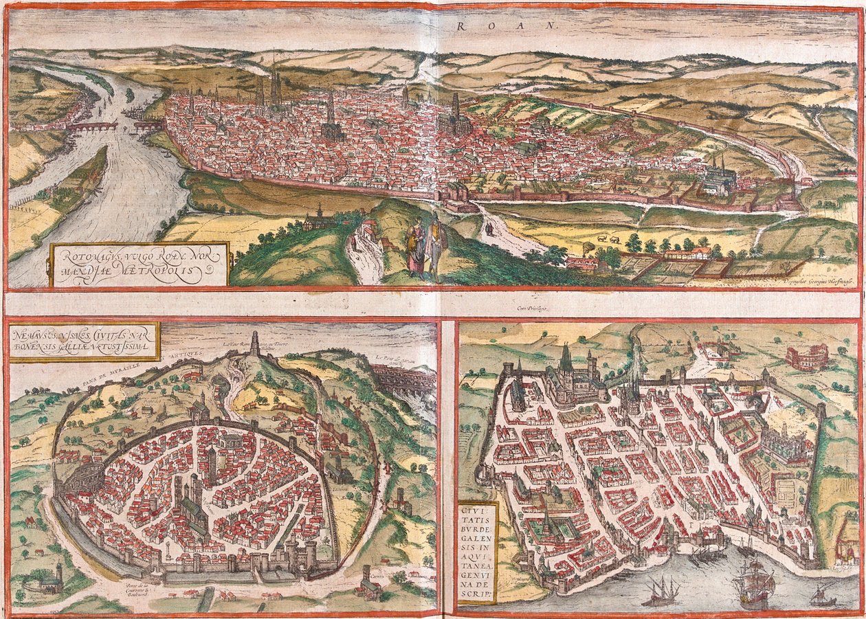 Veduta di Rouen (Rotomagus), Nimes (Nemausus) e Bordeaux (Burdigala), Francia da Franz Hogenberg