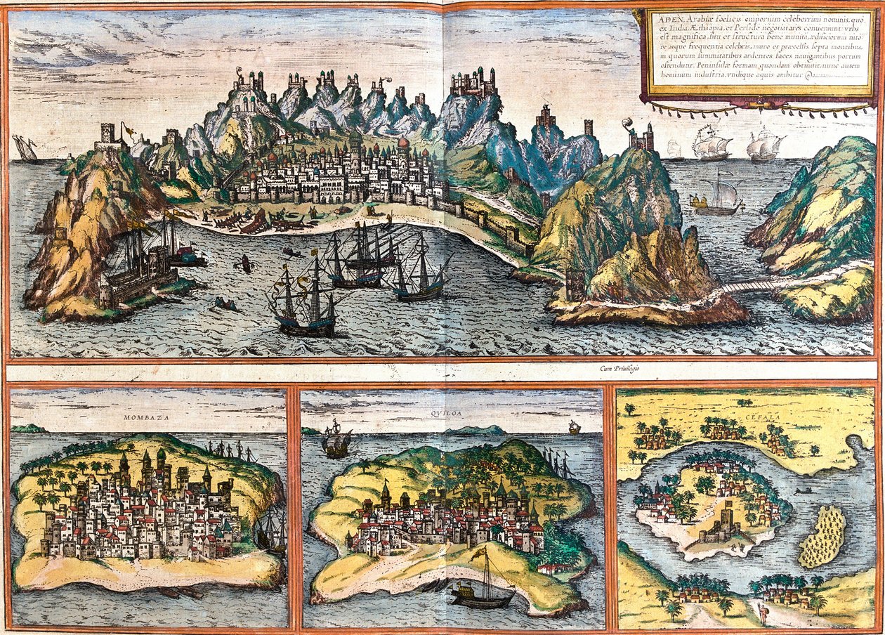 Vedute di Aden (Yemen), Mombasa (Kenya), Kilwa Kisiwani (Tanzania) e Cefala Diana (Sicilia, Italia) da Franz Hogenberg
