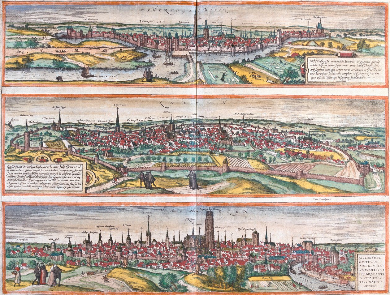 Vedute di Bois le Duc (Buscumducis), nei Paesi Bassi, Leuven (Lovanium) e Machelen (Mechlineen) in Belgio (Incisione) da Franz Hogenberg