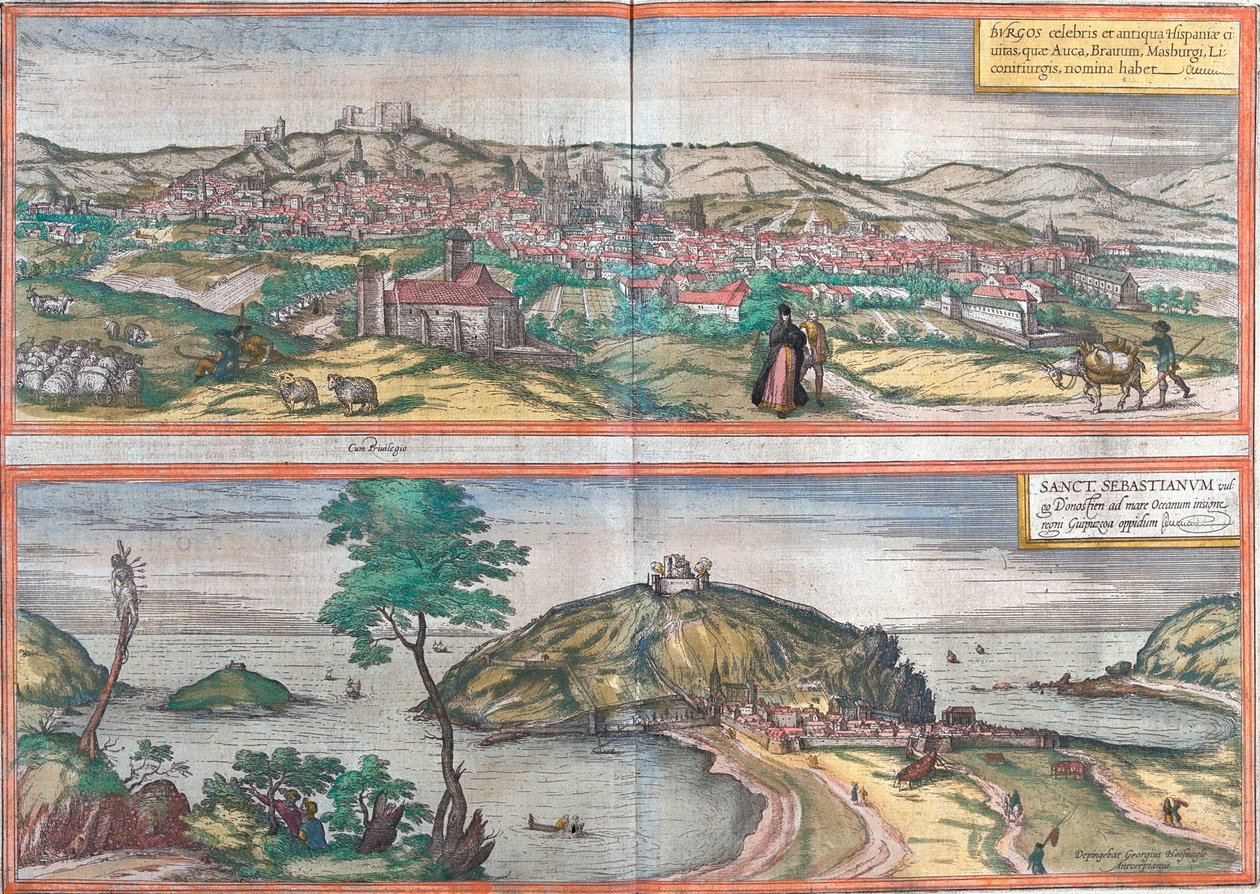 Vedute di Burgos e San Sebastian (o Donostia), Spagna da Franz Hogenberg