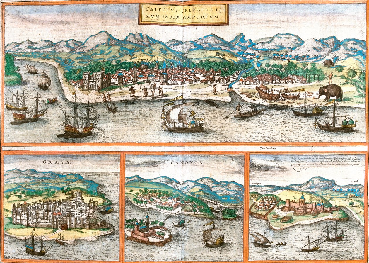 Vedute di Kozhikode o Calicut (India), Ormuz (Iran), Cannanore o Kannur (India) e St. George della miniera o Elmina (Ghana) da Franz Hogenberg