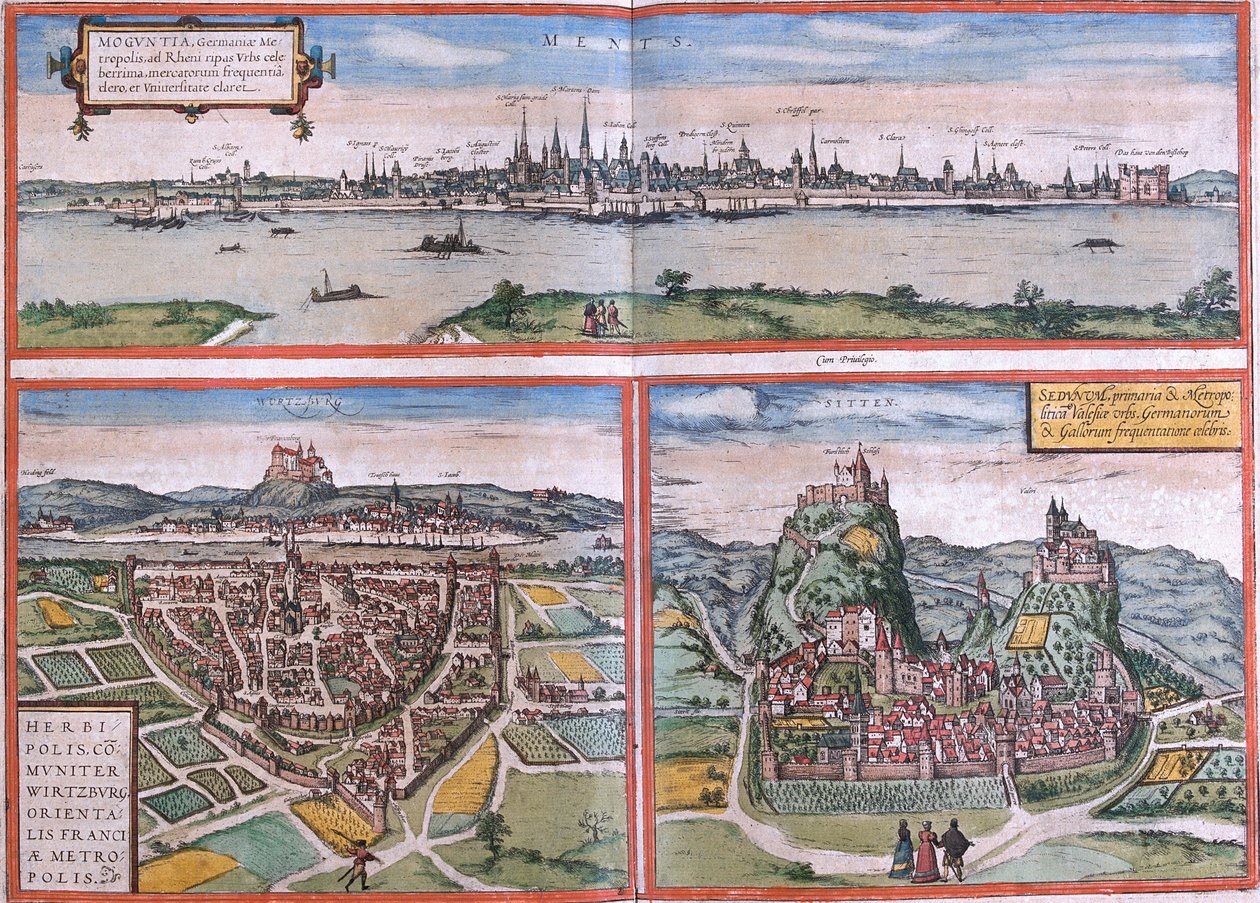 Vedute di Magonza (Moguntia), Würzburg, Germania e Sion (Sedunum) in Svizzera da Franz Hogenberg