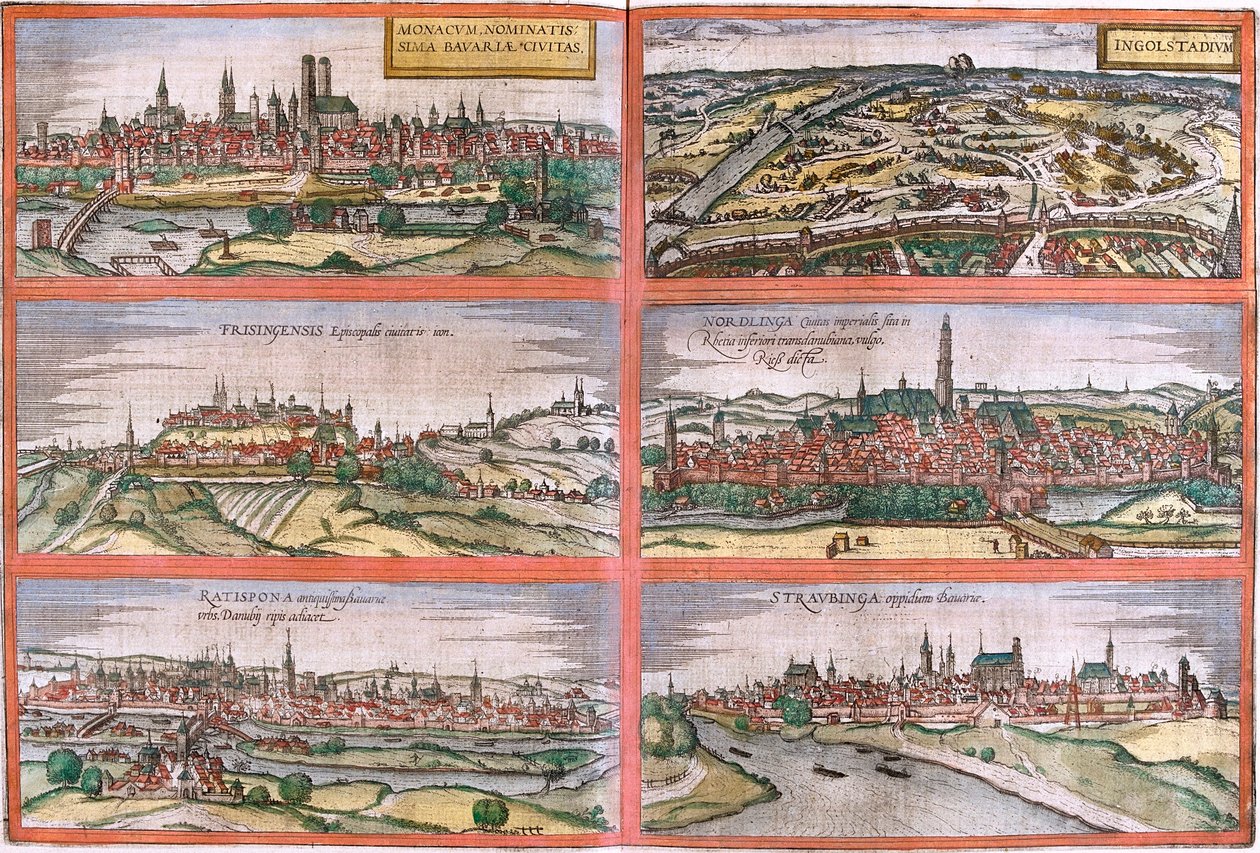 Vedute di Monaco (Monacum), Ingolstadt (Ingolstadium), Freising (Frisingensis), Nordlingen (Nordlinga), Ratisbona (Ratispona) e Straubing (Stravbinga), Germania da Franz Hogenberg