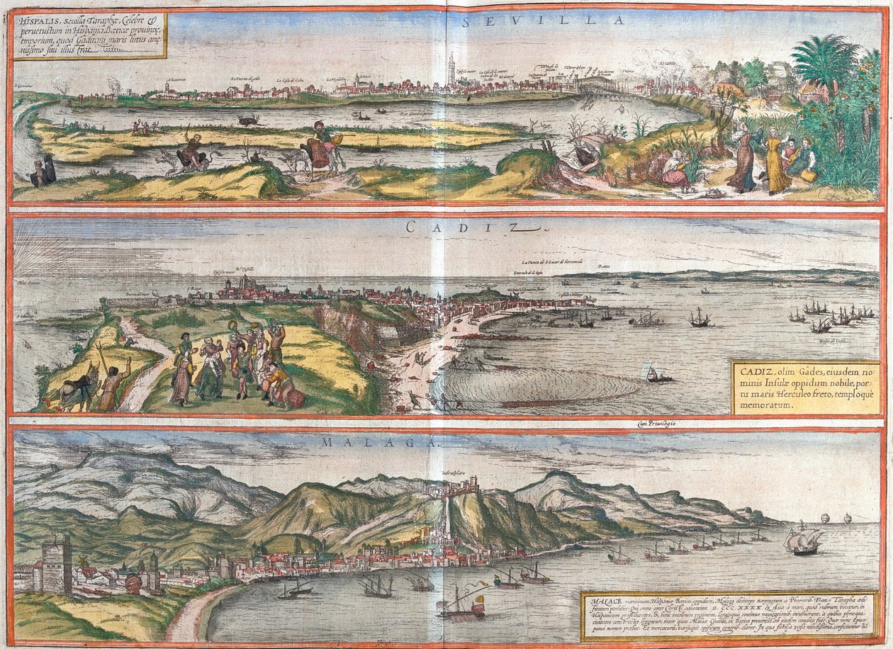 Vedute di Siviglia (Sevilla), Cadice (Cadiz) e Malaga, Spagna (acquaforte) da Franz Hogenberg