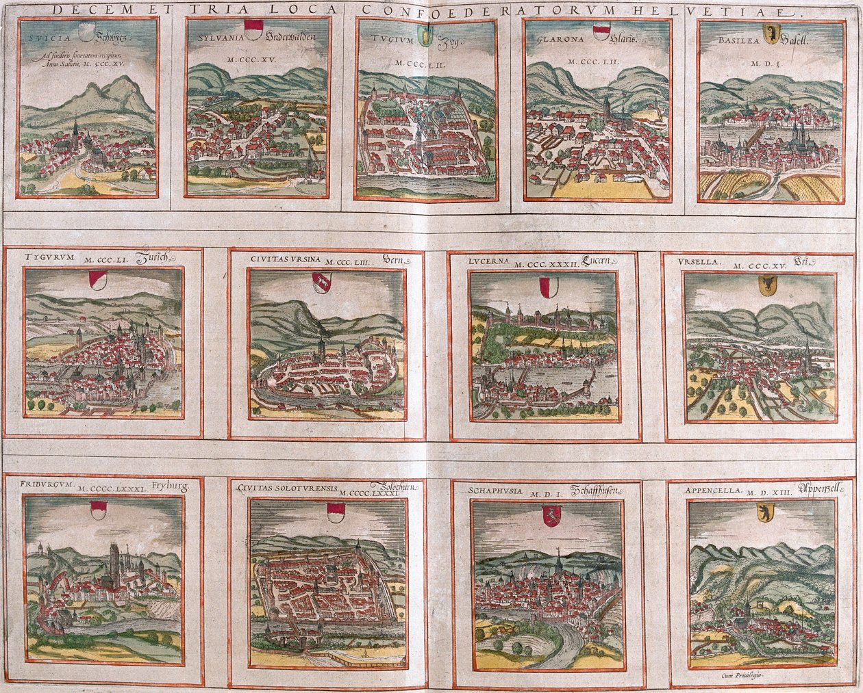 Vedute delle principali città della Confederazione Svizzera: Schwytz (Svicia), Zug (Tugium), Glaris (Glarona), Bale (Basilea), Zurigo (Tugurum), Berna (Ursina), Lucerna (Lucerna), Uri (Ursella), Friburgo (Frigurgum), Soletta (Soloturensis), Sciaffusa (Scha da Franz Hogenberg