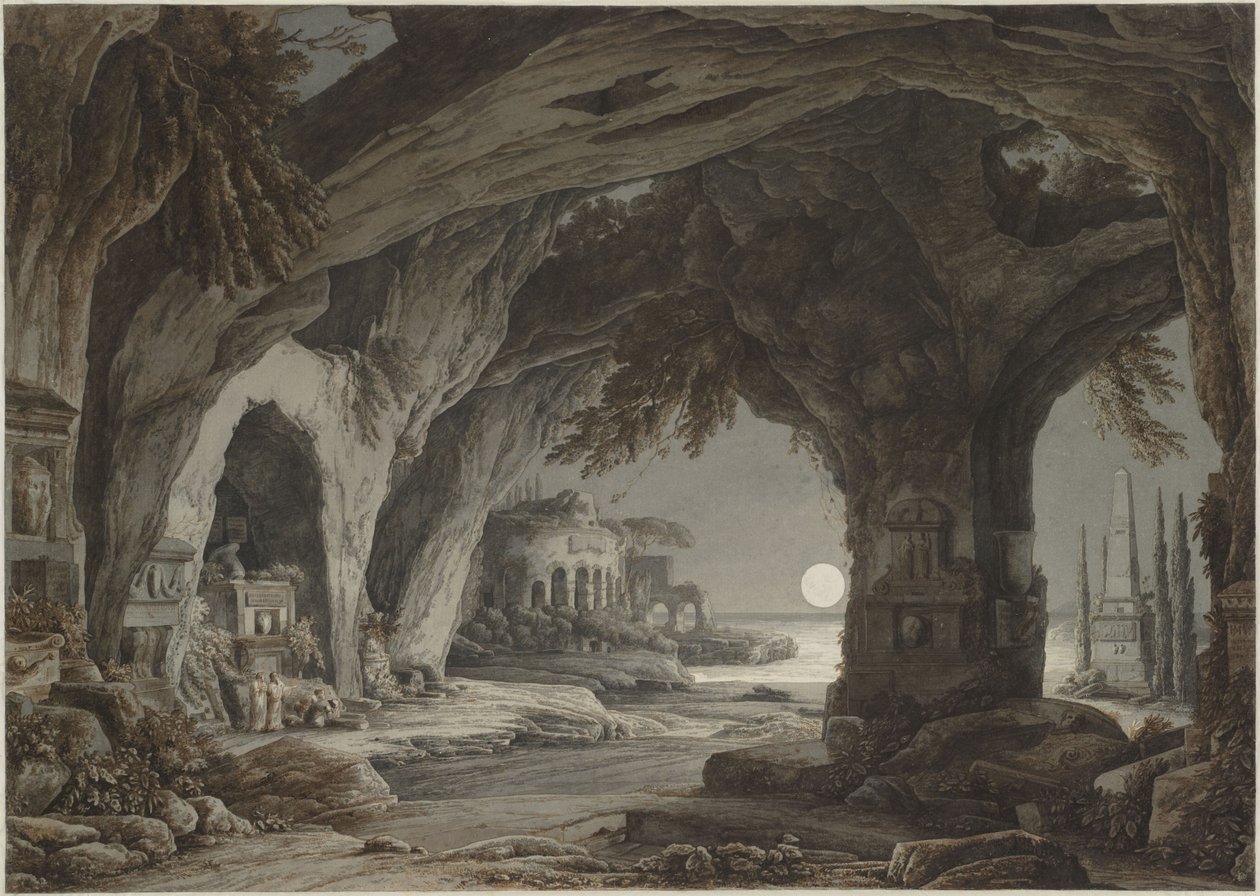 Paesaggio ideale con grotta di roccia, tombe e rovine al chiaro di luna, c. 1790 da Franz Innocenz Josef Kobell