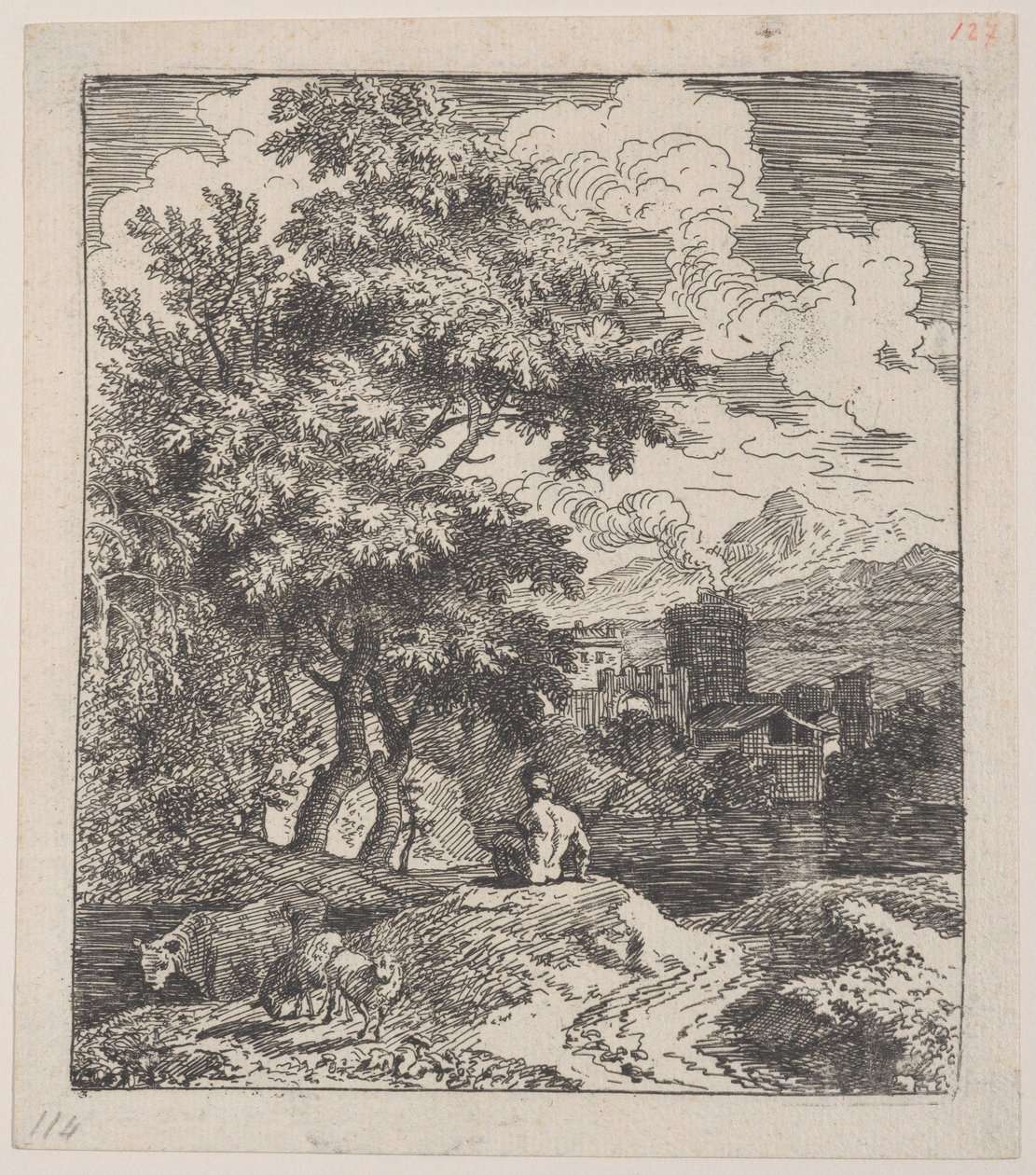 Tavola 3: un pastore seduto su una collina, una mucca e due pecore a sinistra, e una città a destra, ca. 1700-25 da Franz Joachim Beich
