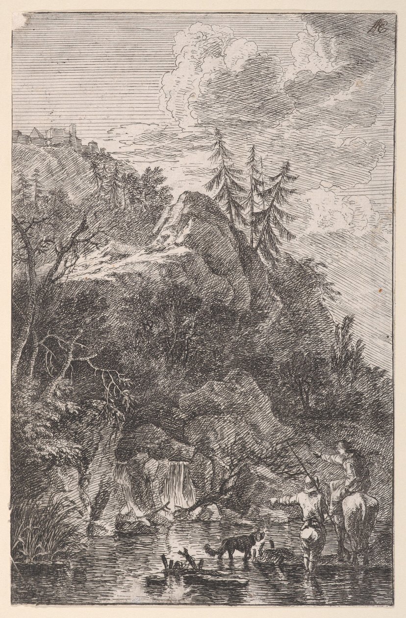 Tavola 5: figura femminile a cavallo e figura maschile con un cane in piedi in una strada, ca. 1700-25 da Franz Joachim Beich
