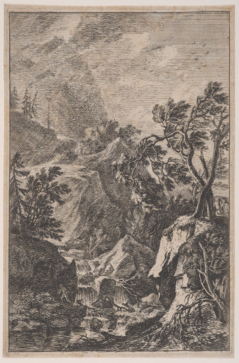 Tavola 6: due figure maschili in piedi su una roccia a destra, una cascata al centro, ca. 1700-25 da Franz Joachim Beich