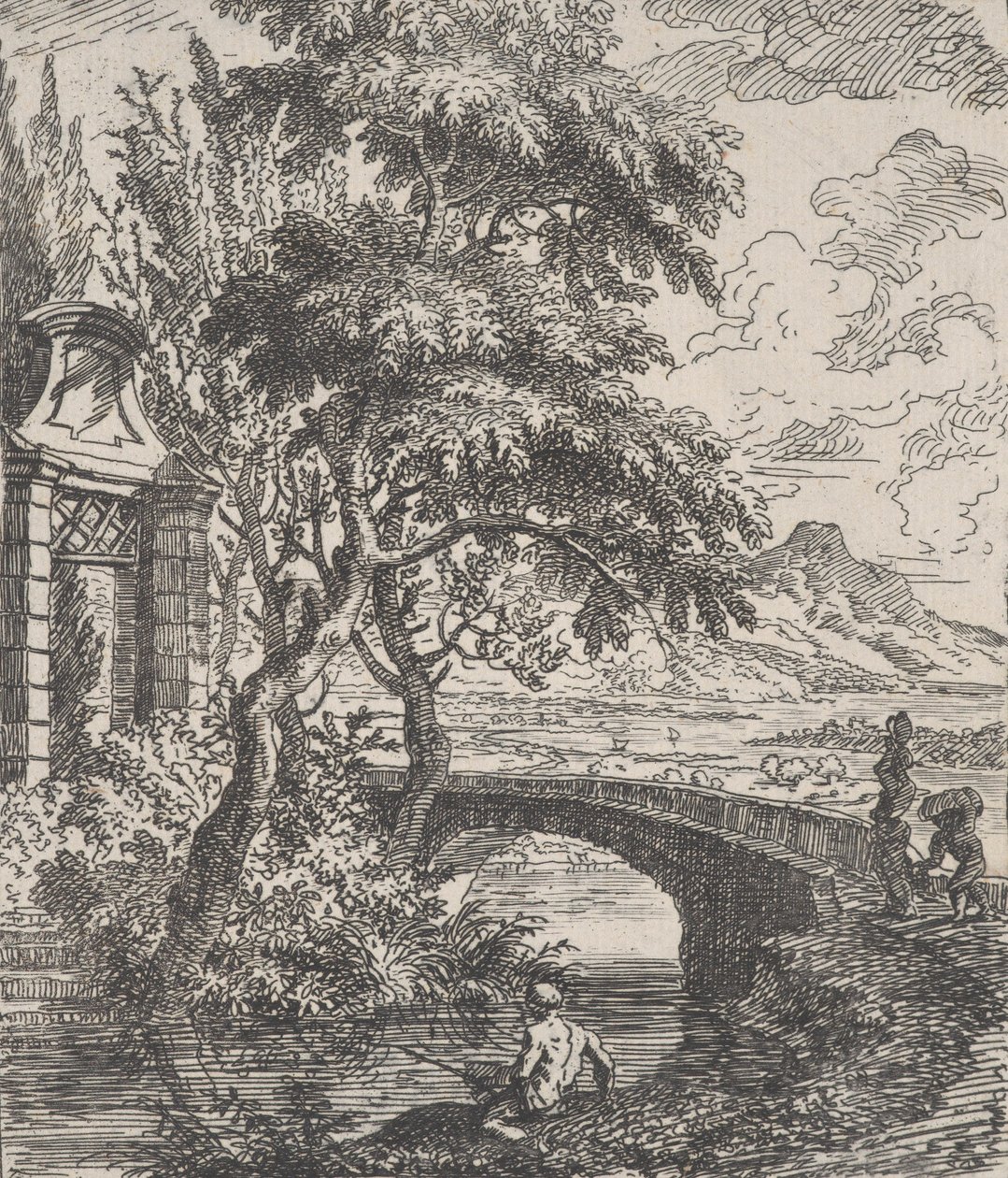 Lastra 7: due figure a destra pronte ad attraversare un ponte di pietra, un pescatore in primo piano... da Franz Joachim Beich