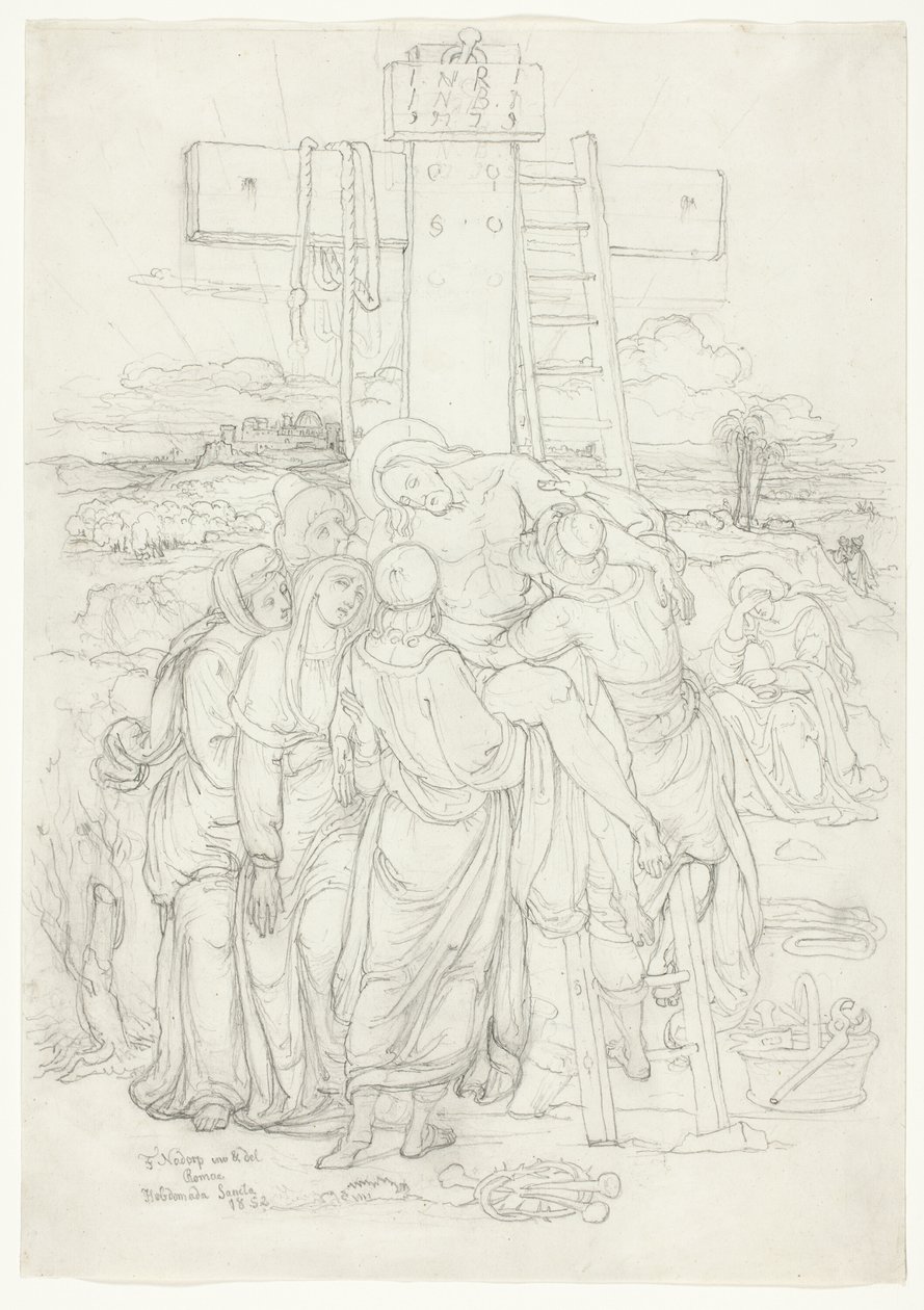 Deposizione dalla croce con una silhouette di Gerusalemme sullo sfondo da Franz Johann Heinrich Nadorp