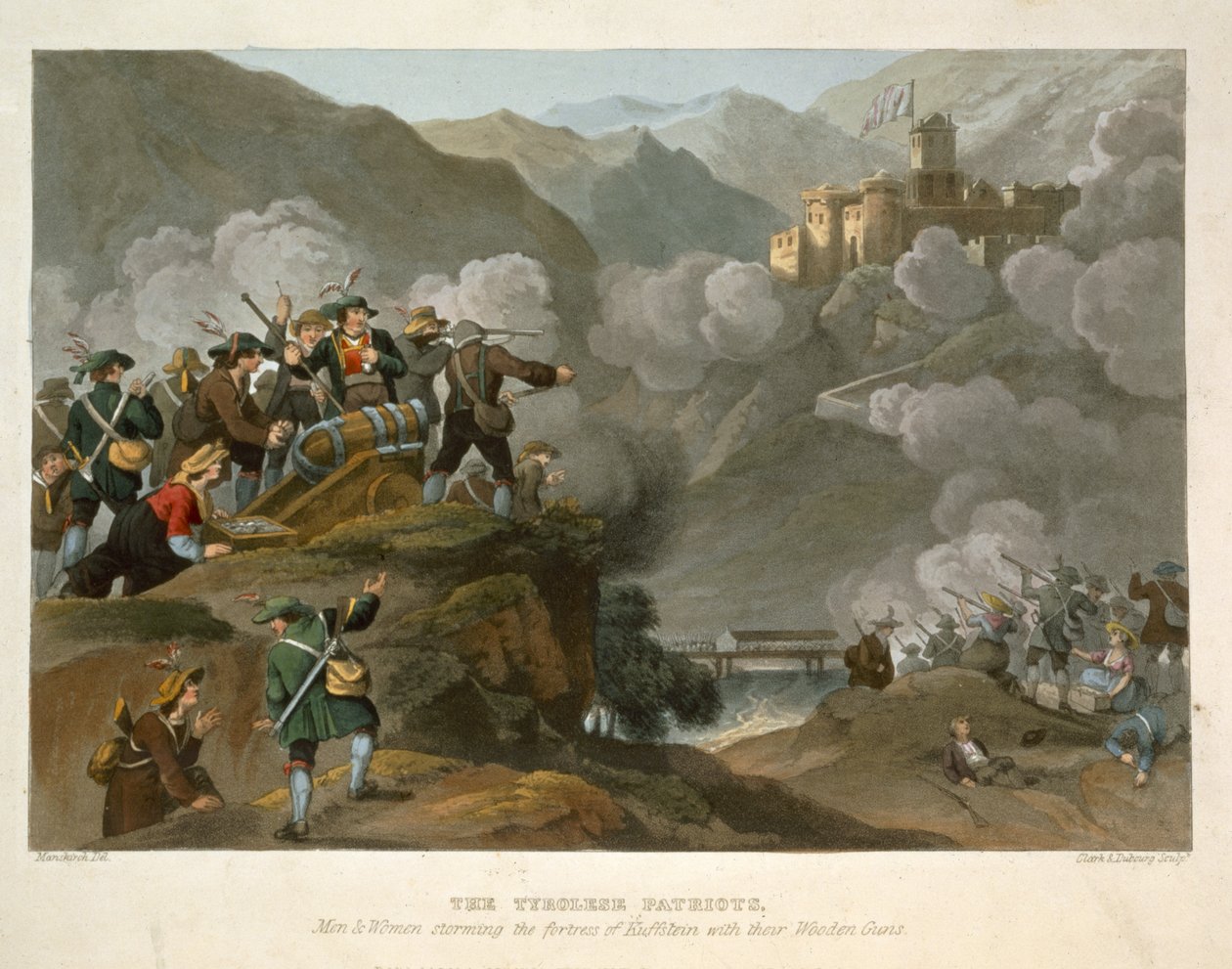 I Patrioti Tirolesi che assaltano la Fortezza di Kuffstein con i loro Cannoni di Legno, inciso da John Heaviside Clark (c.1771-1863) e Matthew Dubourg (fl.1813-20) da Historic, Military and Naval Anecd da Franz Joseph Manskirch