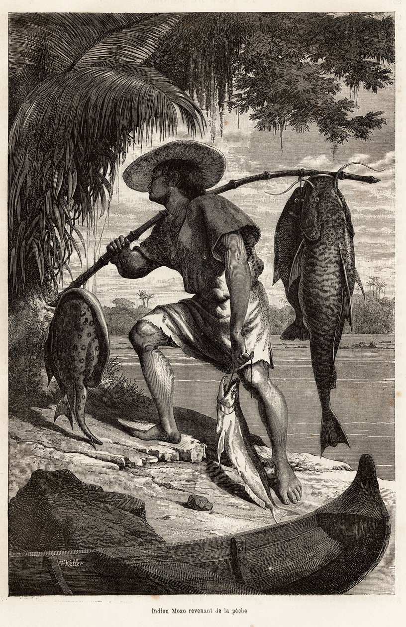 Indiano Moxo (Mojo, Moxeno) (della regione del Mato Grosso) di ritorno dalla pesca, incisione dopo un disegno del narratore, illustrando un viaggio di esplorazione sull