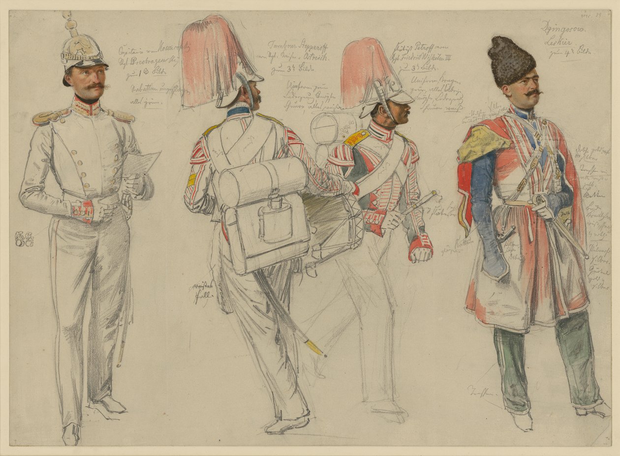 di Kossacowski, capitano del reggimento Preobrazhensky; Steppanoff, tamburino del reggimento dell’Imperatore d’Austria; Petroff, flautista del reggimento Federico Guglielmo III; Dgingosow, Leskier da Franz Krüger