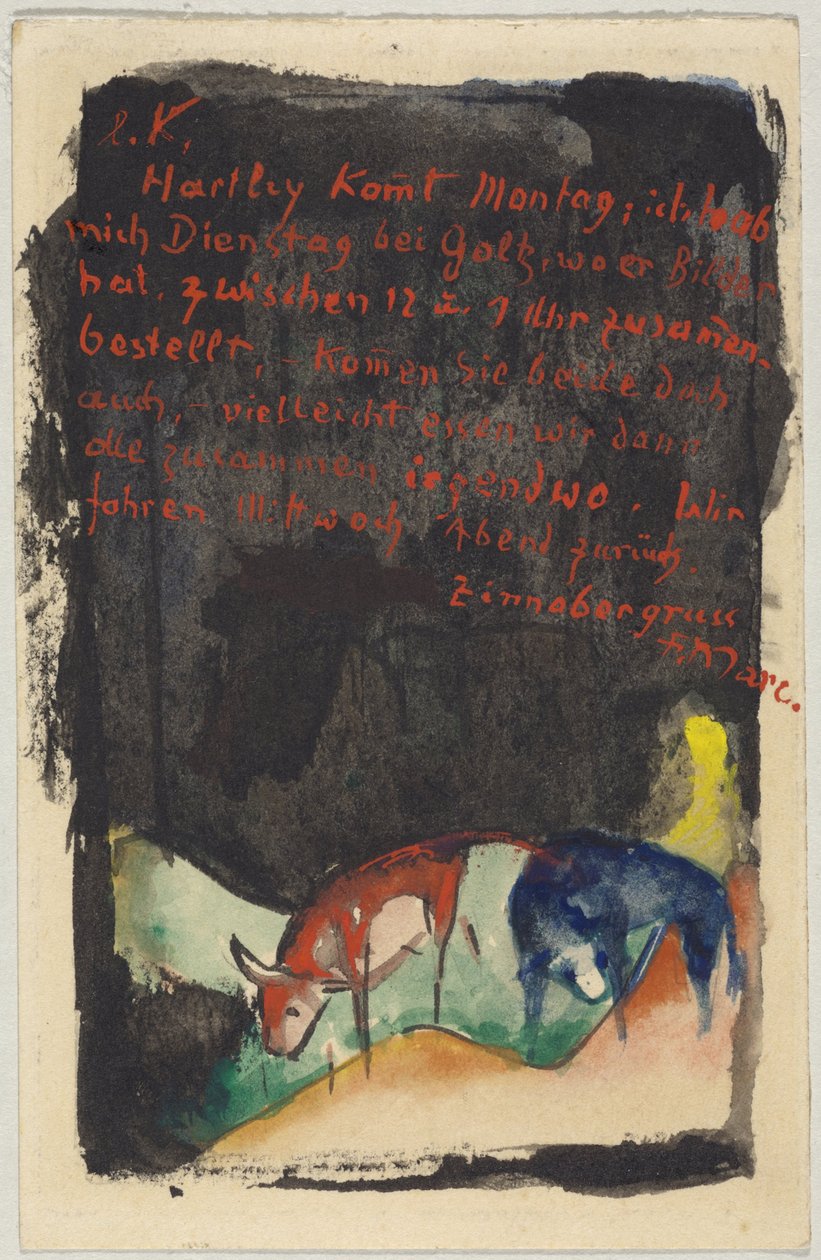 "Zinnobergruß", Franz Marc da Sindelsdorf a Wassily Kandinsky a Monaco: Cartolina, timbro postale 19.04.1913 da Franz Marc