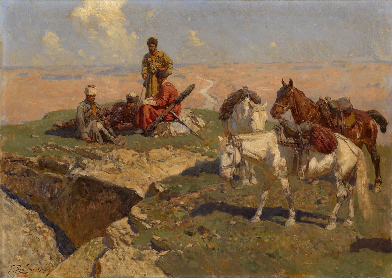 Cavalieri caucasici a riposo, 1917 da Franz Roubaud