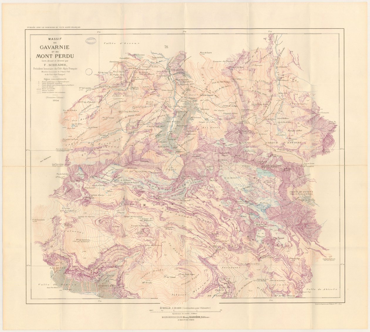 Carta del massiccio di Gavarnie e del monte perduto edita nel 1914 da Franz Schrader