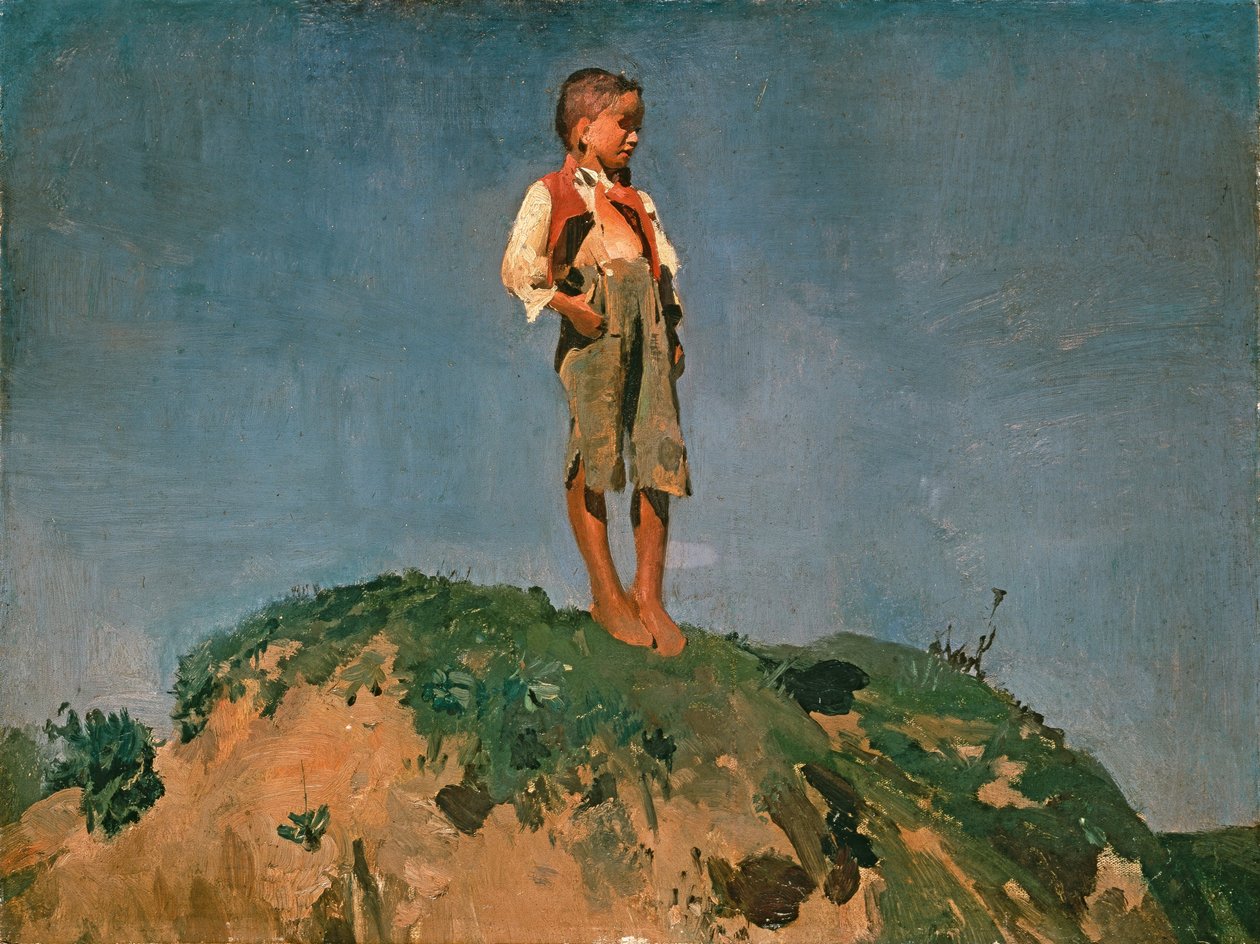 Pastorello su una collina erbosa, 1859 circa (olio su cartone) da Franz Seraph von Lenbach
