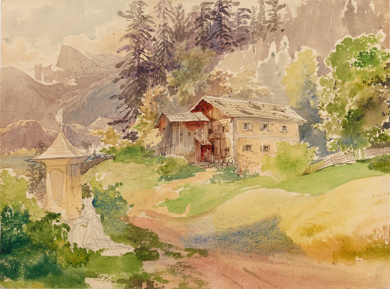 Paesaggio alpino con casa colonica e donna davanti a un