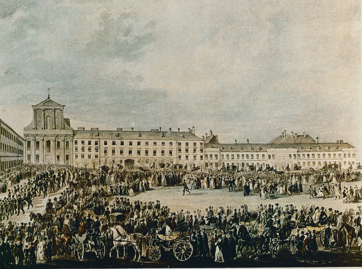 Corteo funebre di Ludwig van Beethoven nel 1827 dalla Schwarzspanierhaus alla chiesa della Santissima Trinità nella Alsergasse, Vienna (acquerello) da Franz Stober