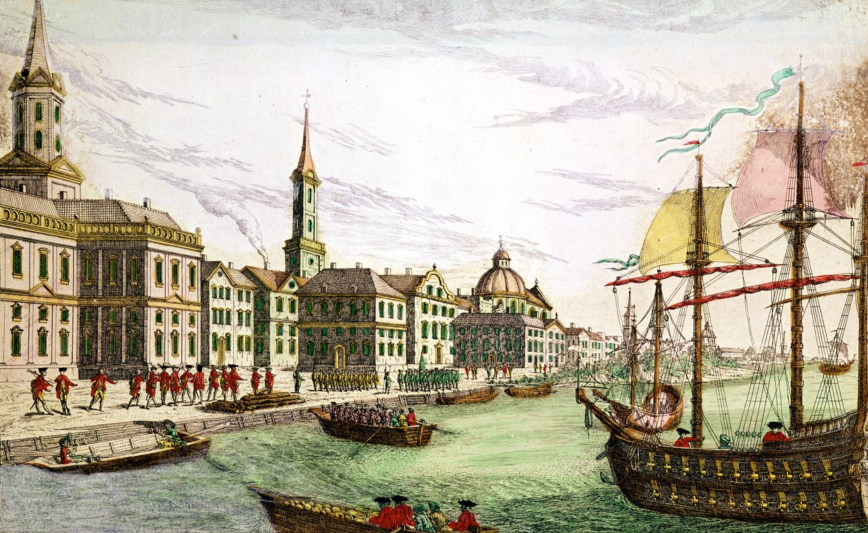 Sbarco delle truppe inglesi a New York, 29 giugno 1776 (incisione colorata) da Franz Xaver Habermann