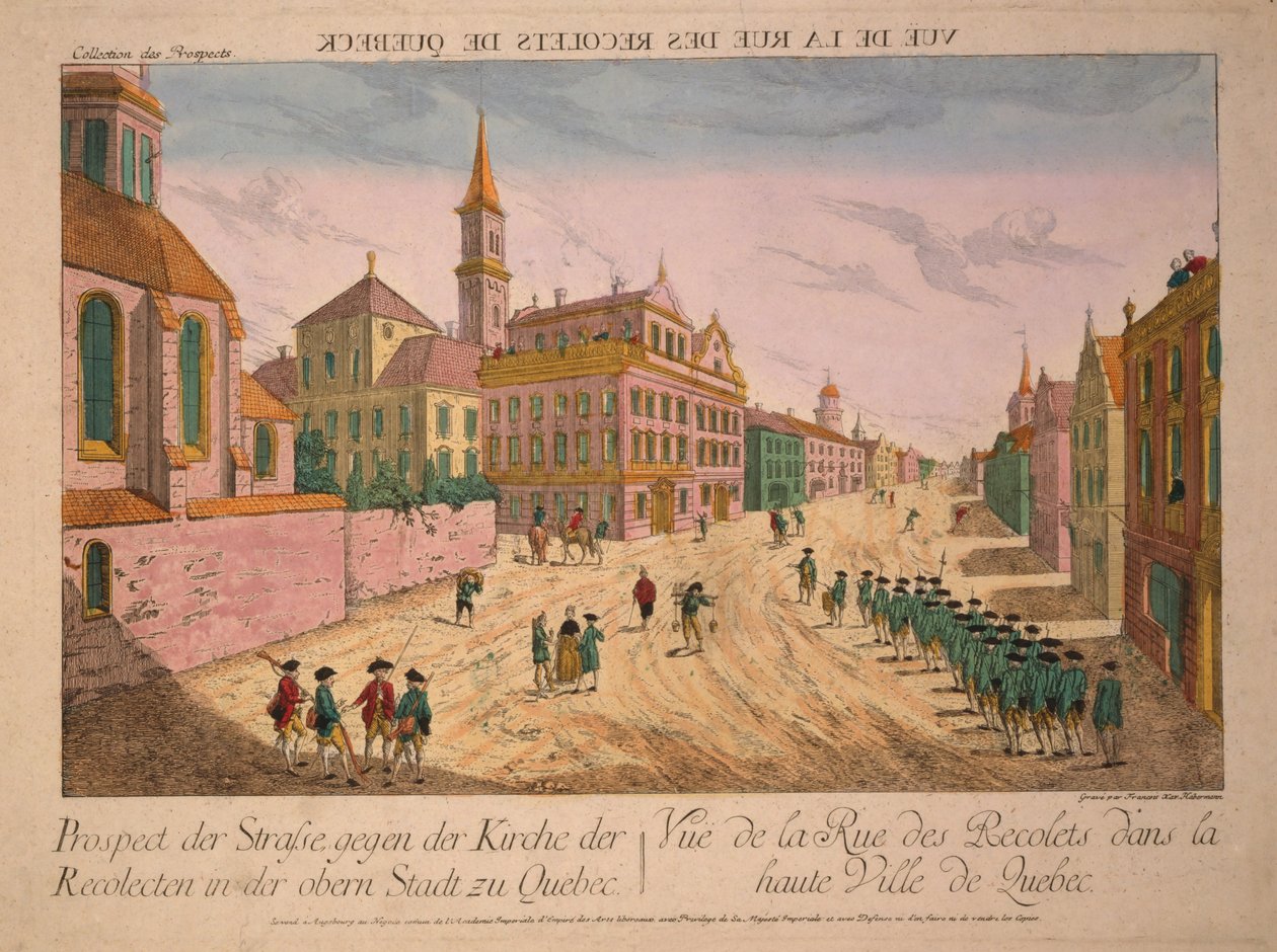 Veduta della Rue des Recolets di Quebec, pubblicata c.1770s da Franz Xaver Habermann