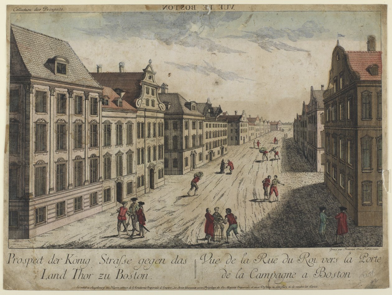 Veduta di Rue du Roi--Boston (1776) da Franz Xaver Habermann