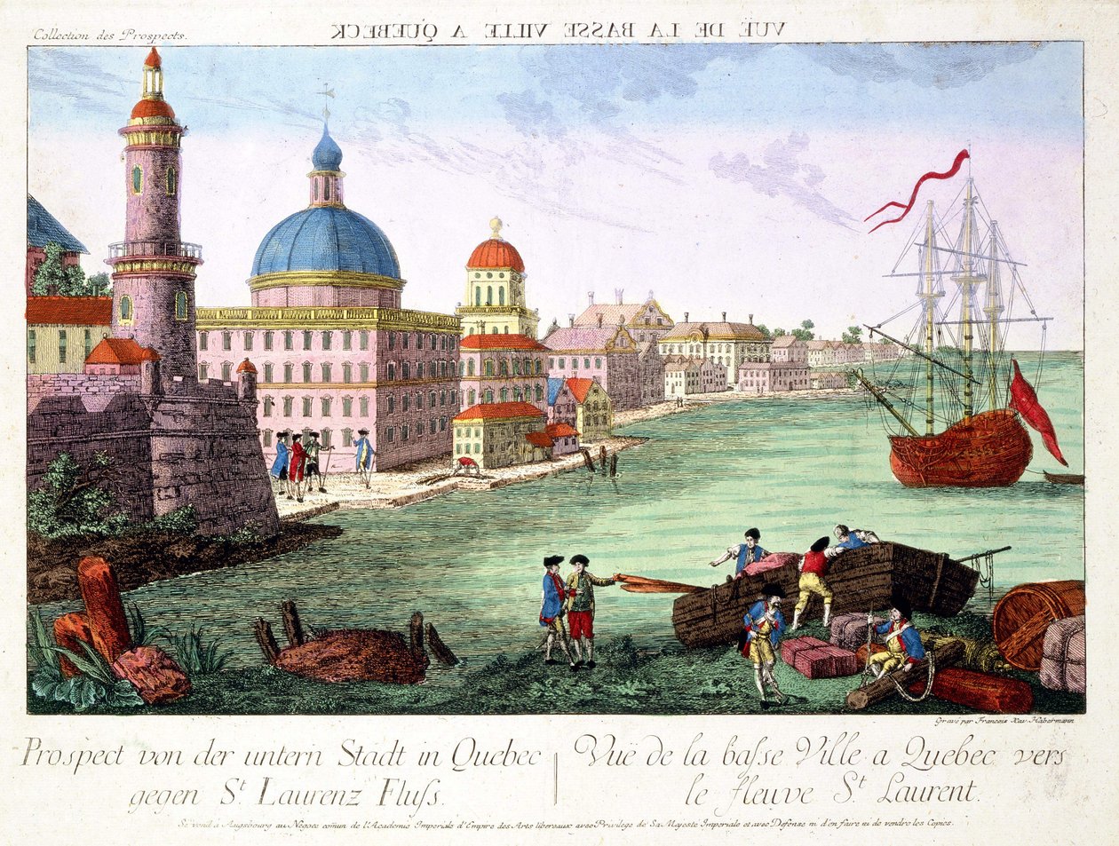 Veduta della Città Bassa a Quebec verso il fiume San Lorenzo. Incisione di Franz-Xavier Habermann da Franz Xavier Habermann