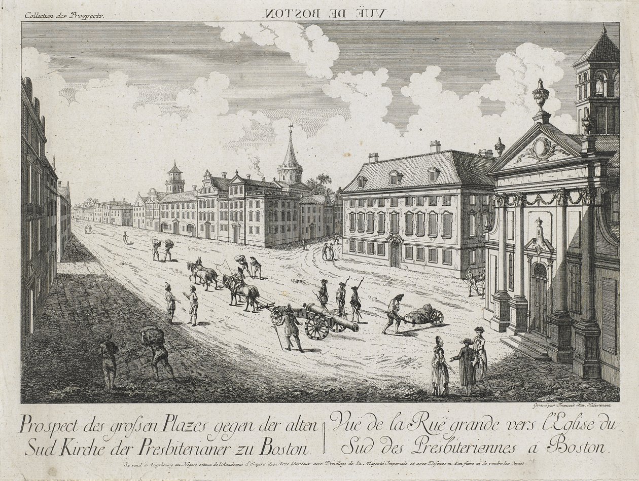 Vue d’Optique/Prospettiva delle grandi Piazze verso la Vecchia Chiesa Presbiteriana del Sud a Boston, c. 1776 da Franz Xavier Habermann