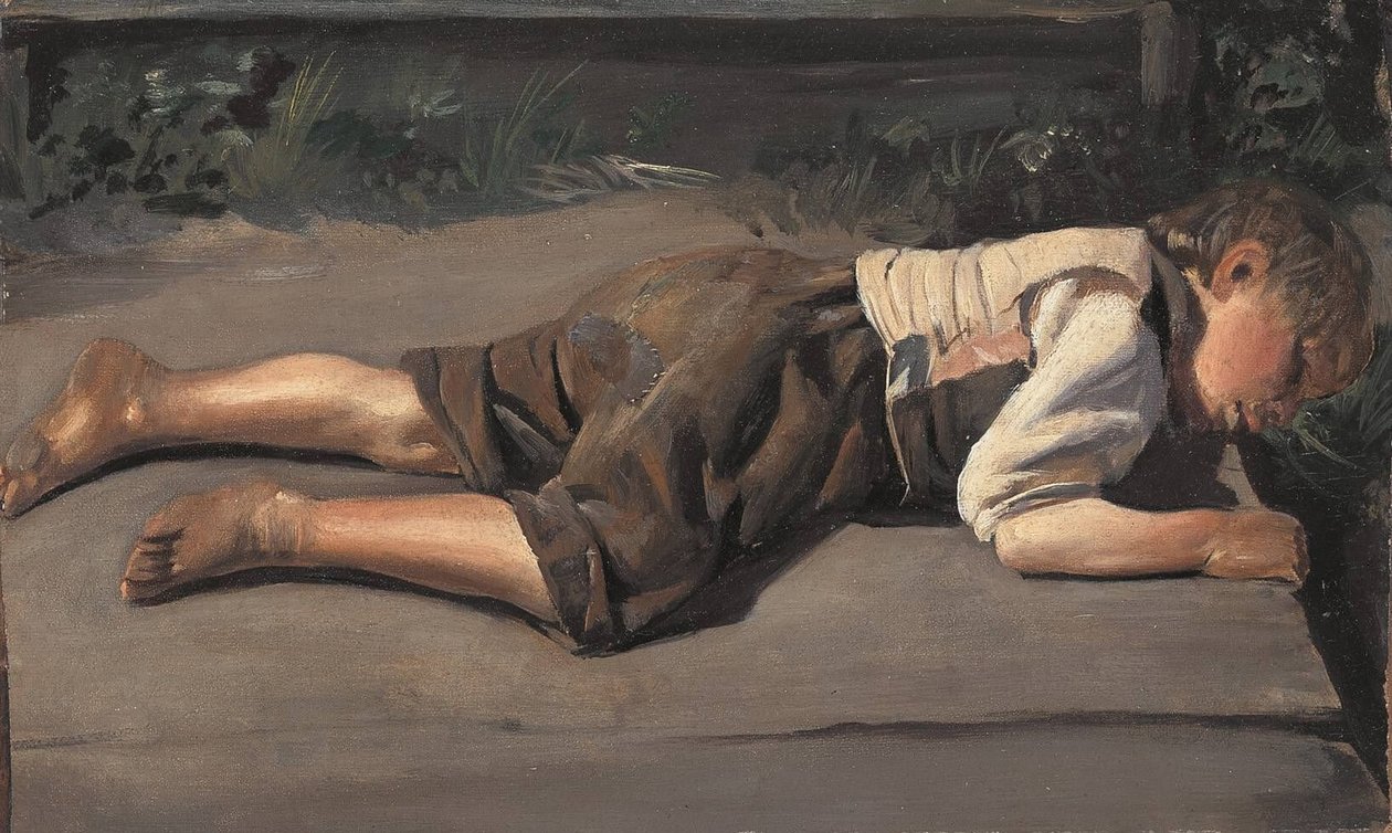Ragazzo di campagna sdraiato su una passerella di legno da Franz von Lenbach
