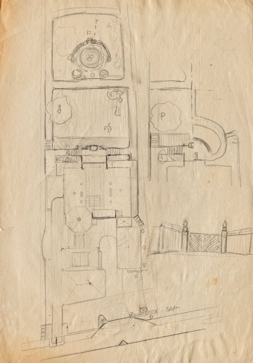 Schizzi di progetto per la villa studio di Matsch - Pianta del complesso e del giardino, cancello da Franz von Matsch