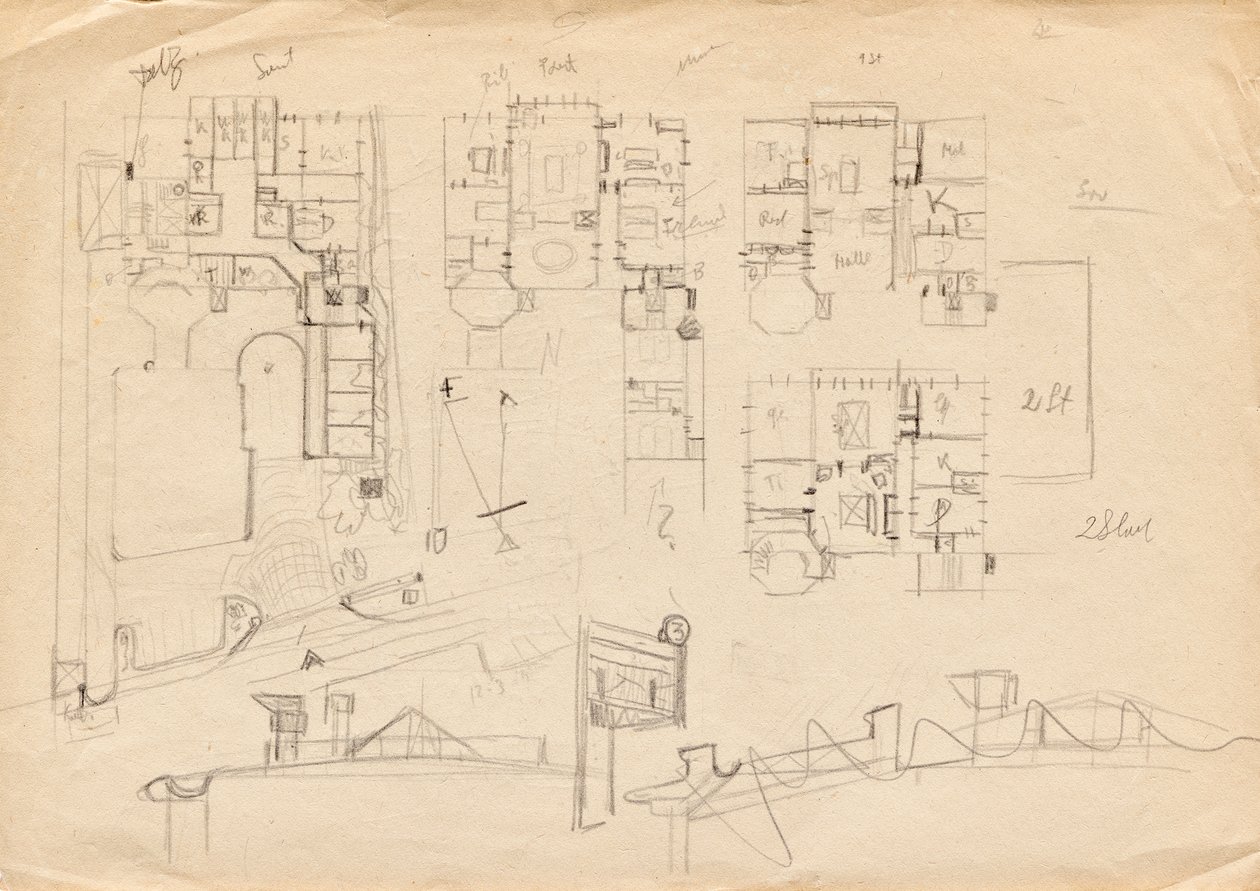Schizzi per la villa studio di Matsch - Piante e struttura del tetto da Franz von Matsch