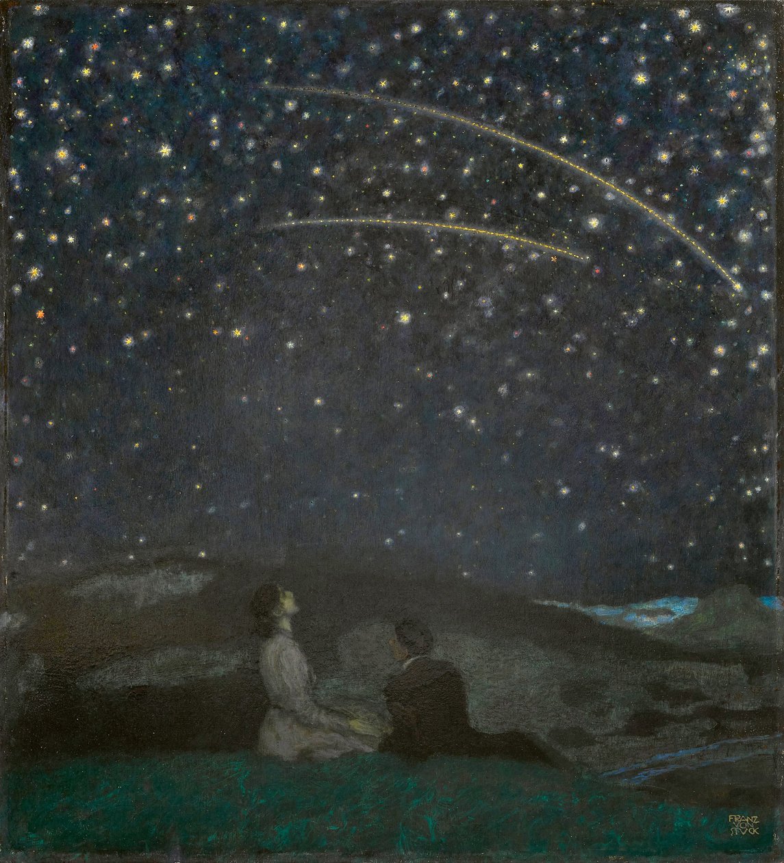 Le stelle cadenti (Franz e Mary von Stuck), di Stuck, Franz, Ritter von (1863-1928). Olio su legno da Franz von Stuck