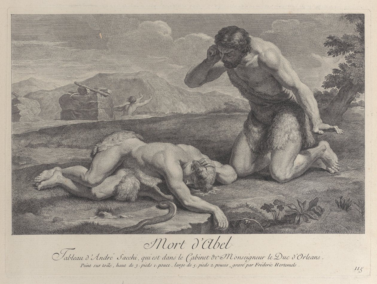 Adamo si inginocchia nel dolore accanto al corpo di Abele, mentre Caino fugge sullo sfondo, ca. 1729 da Frédéric Horthemels