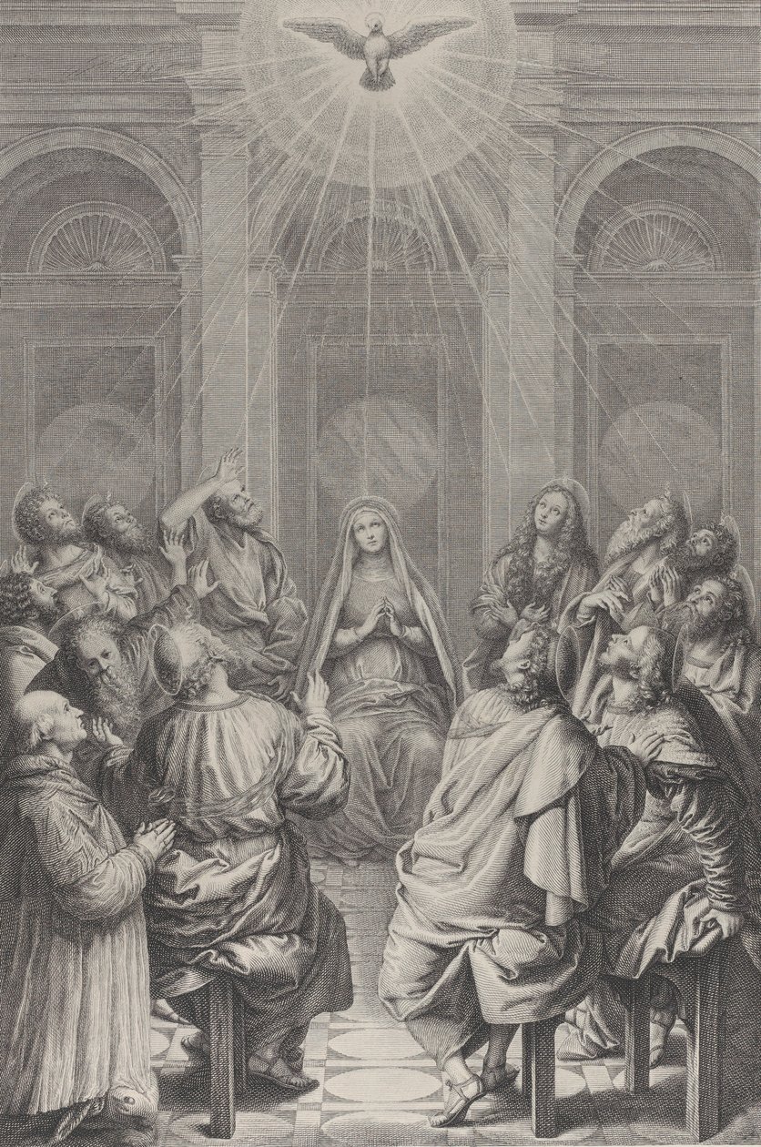 La Pentecoste, con gli Apostoli e la Vergine seduti in cerchio, lo Spirito Santo da Frédéric Horthemels