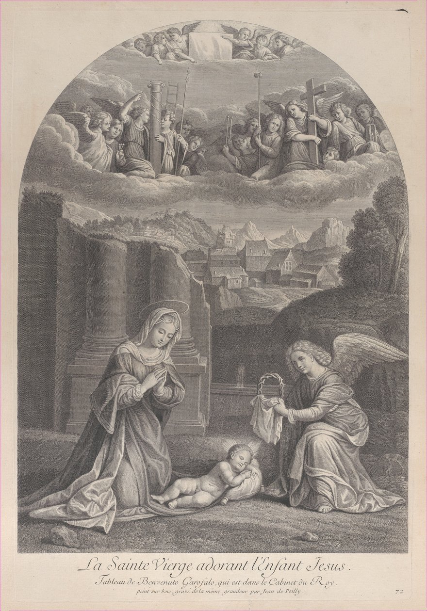 La Vergine Maria adora il bambino Gesù, un angelo tiene una corona di spine a destra da Frédéric Horthemels