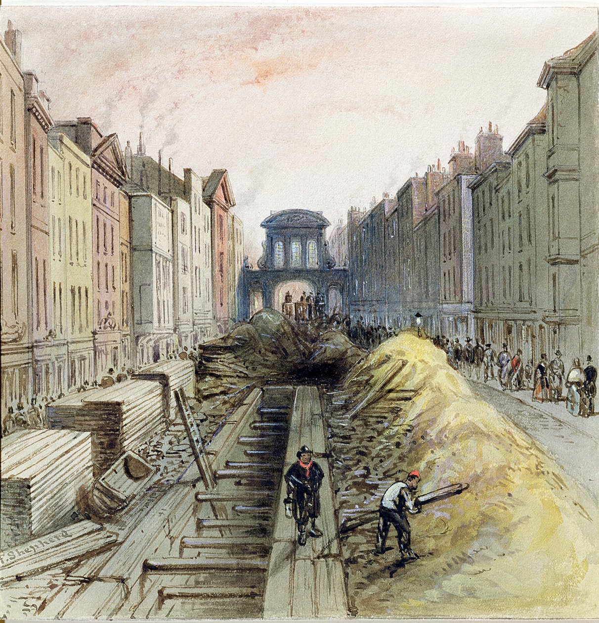 Fleet Street con il nuovo sistema fognario in costruzione da Frederick Shepherd