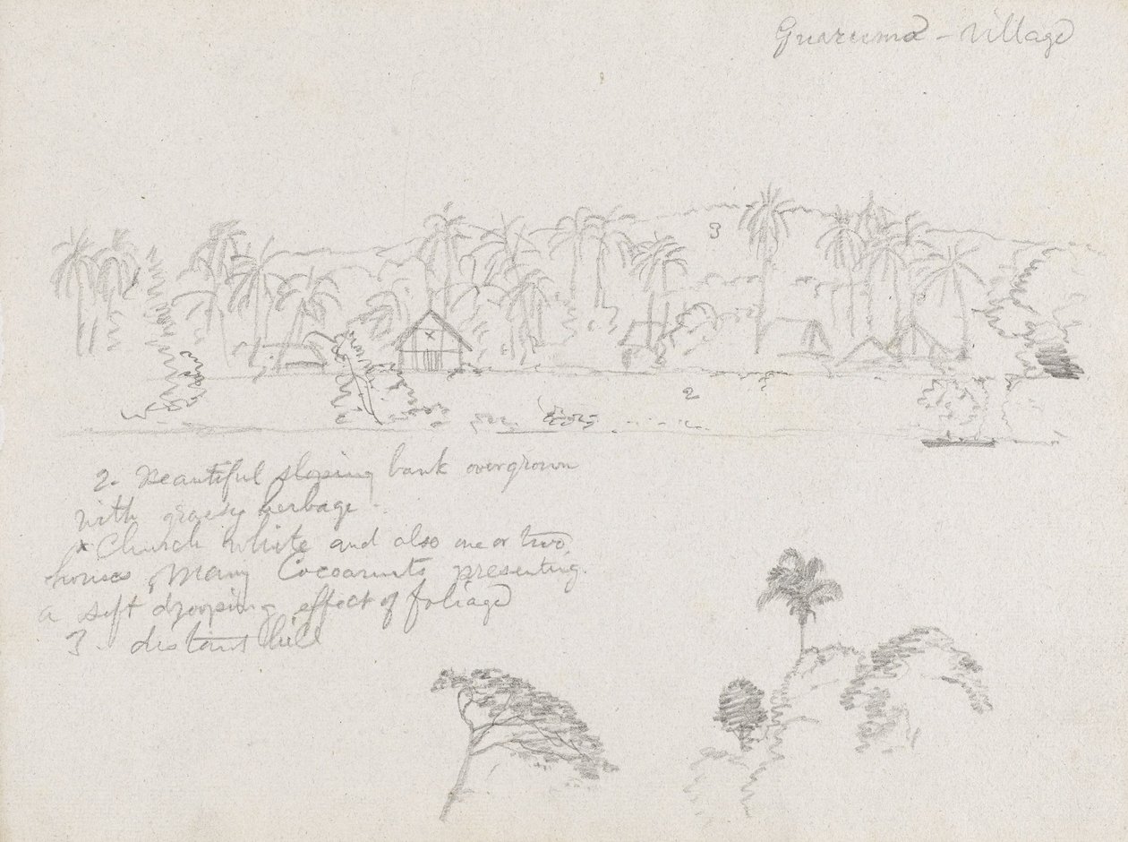 Disegno. Schizzi. Il villaggio Guarumo, probabilmente in Colombia. da Frederic Edwin Church