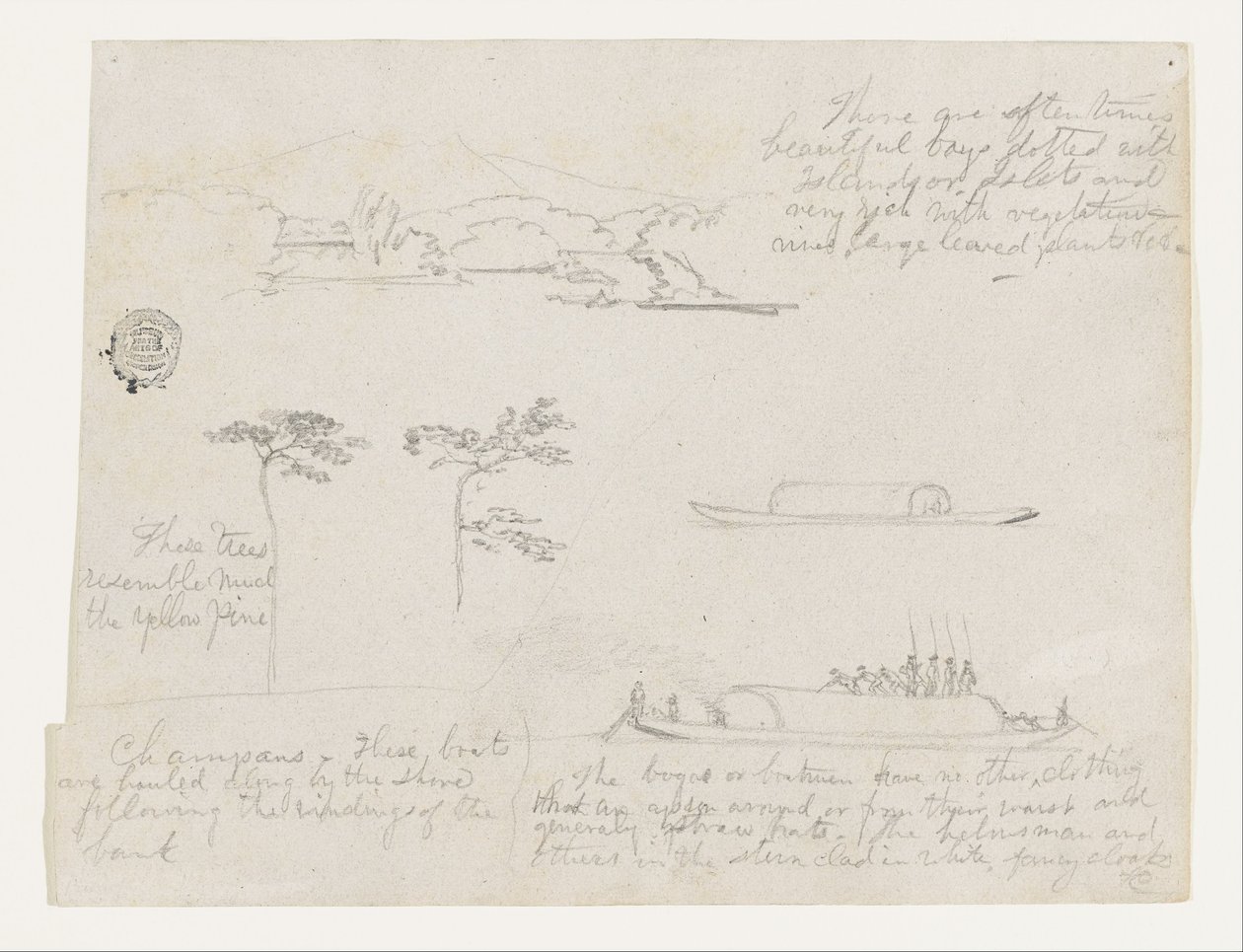 Schizzi dalla Colombia - Alberi e imbarcazioni fluviali (Champans) da Frederic Edwin Church