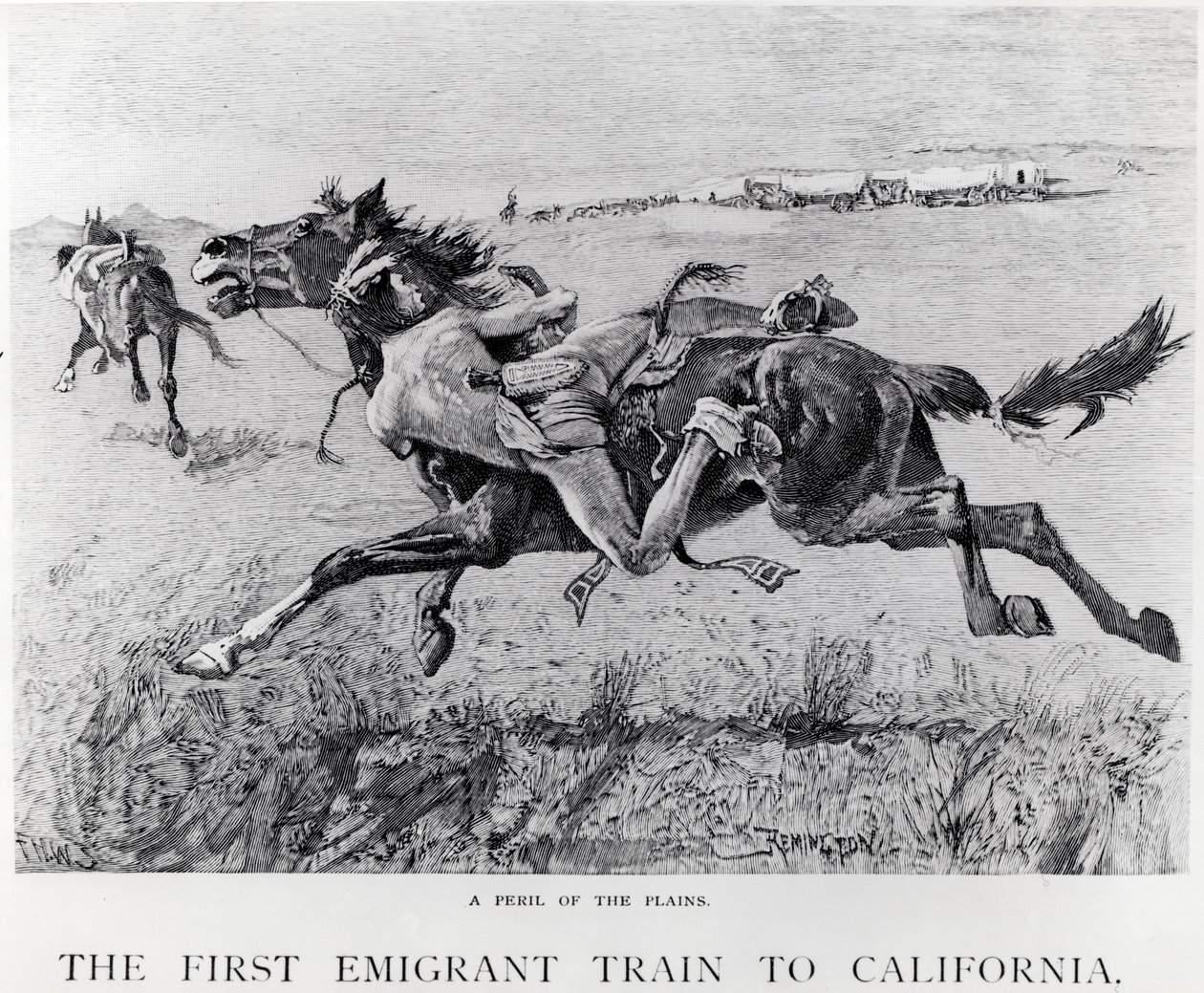 Un pericolo delle pianure, il primo treno di emigranti per la California, inciso da F.H.W. da Frederic Remington