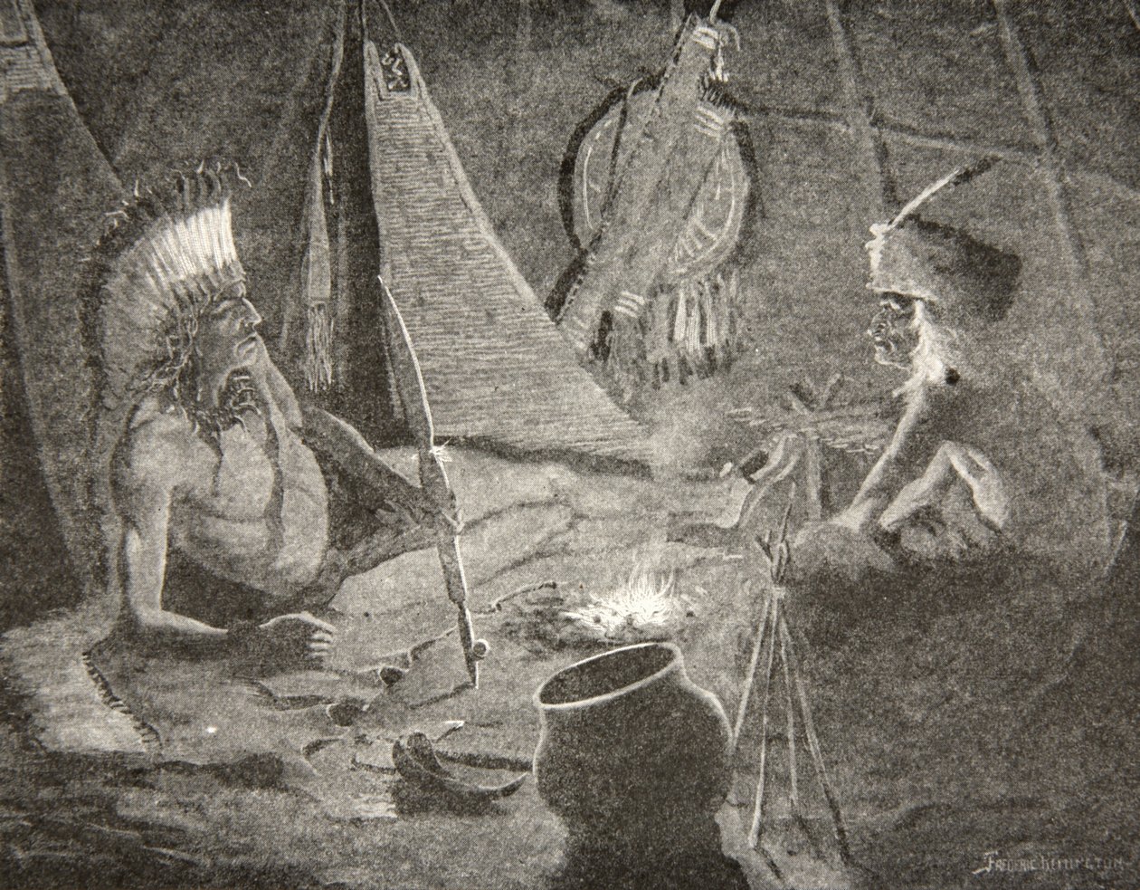 Dalla sua borsa tirò fuori la pipa della pace,... La diede al suo ospite, lo straniero, da Il canto di Hiawatha di Henry Wadsworth Longfellow (1807-82), pub. da George G. Harrap und Company Ltd., 1911 da Frederic Remington