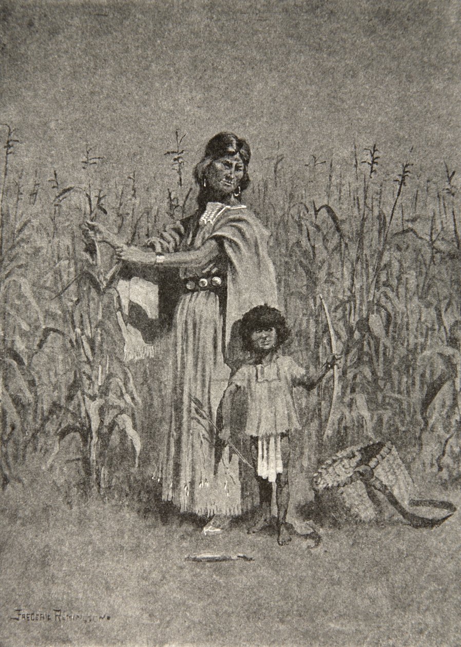 Furono le donne che in autunno spogliarono le bucce gialle del raccolto, da The Song of Hiawatha di Henry Wadsworth Longfellow, pub. da George G. Harrap und Company Ltd., 1911 da Frederic Remington