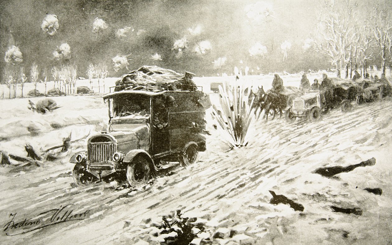 Treno dei trasporti britannici che procede sotto pesante fuoco di artiglieria lungo le strade innevate di Ypres da Frederic Villiers